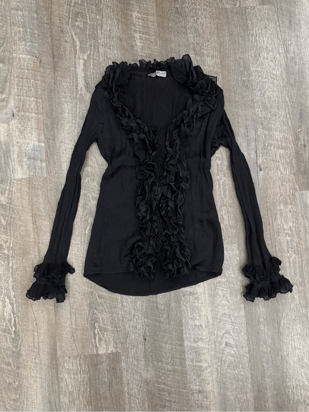 Italian Silk Black Ruffled Button Up Goth Poet Blouse Sz M